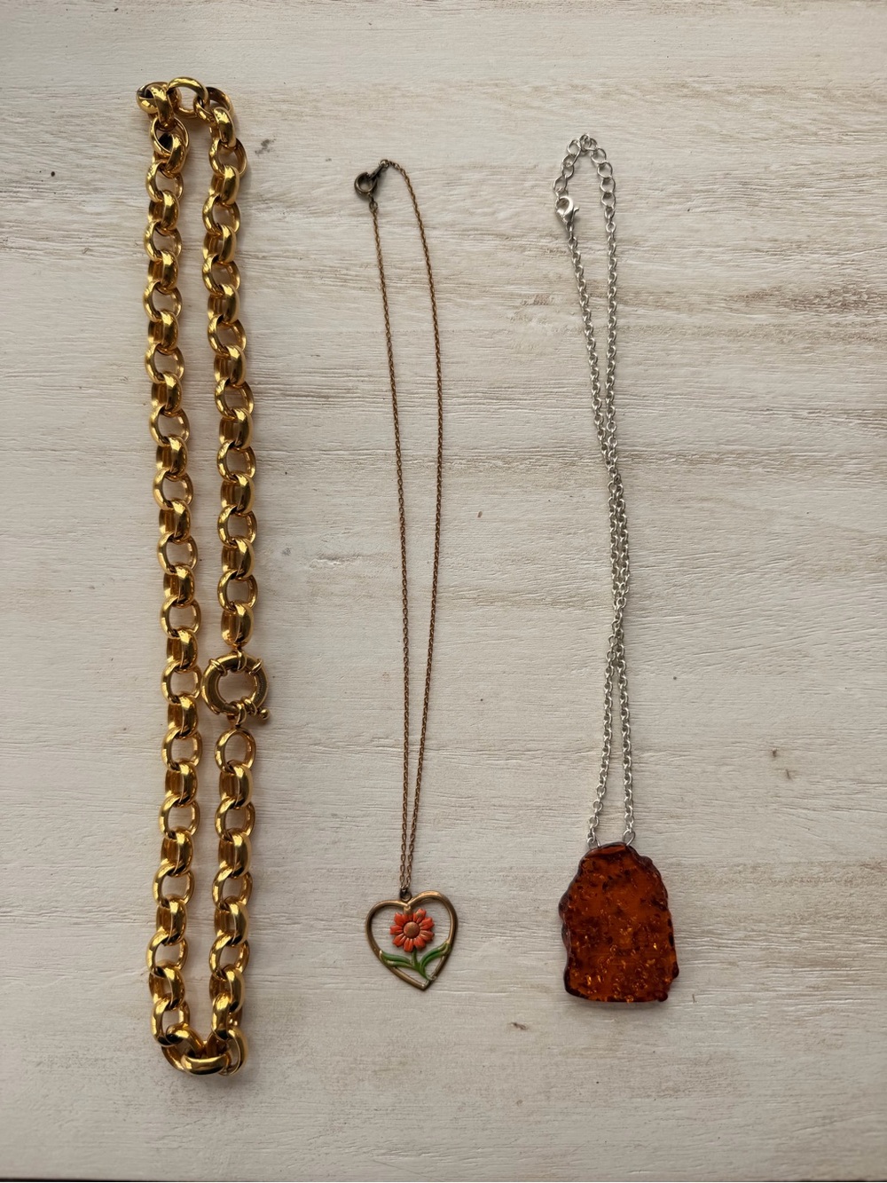 Vintage Necklace collection, flower, amber resin, gold tone chain.